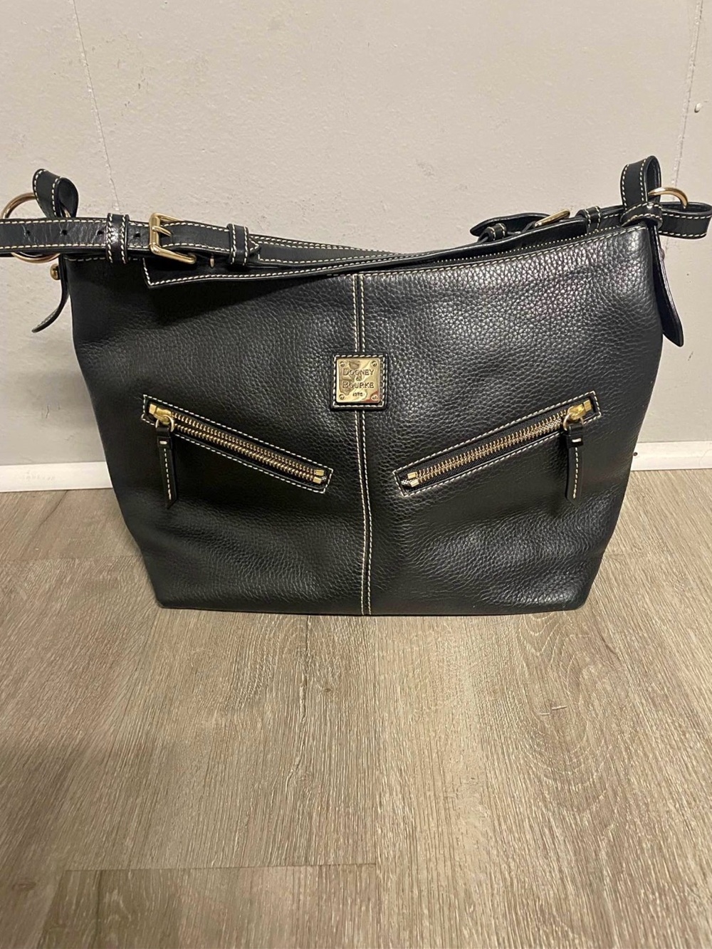 Dooney & Bourke Black Leather Shoulder Bag with Gold Hardware